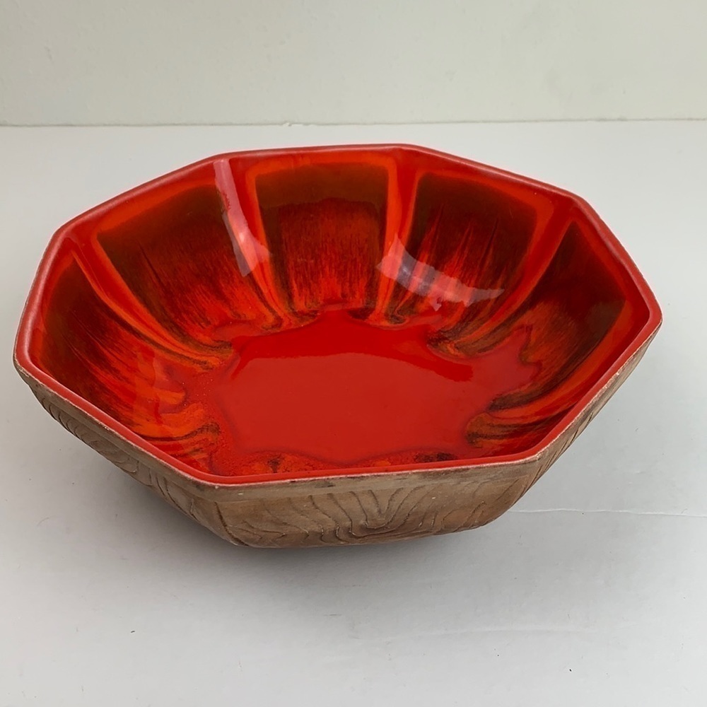 Mid Century modern MCM Sequoia faux bois / glazed pottery bowl 11” opening EUC